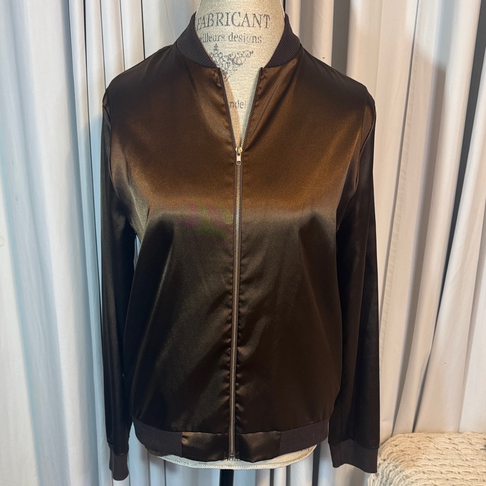 Painted Threads Elegant Satin Bomber Jacket in Rich Brown
